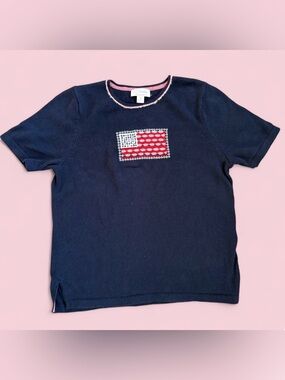CJ Banks Patriotic American Flag Navy Knit Sweater Short Sleeve Size 1X